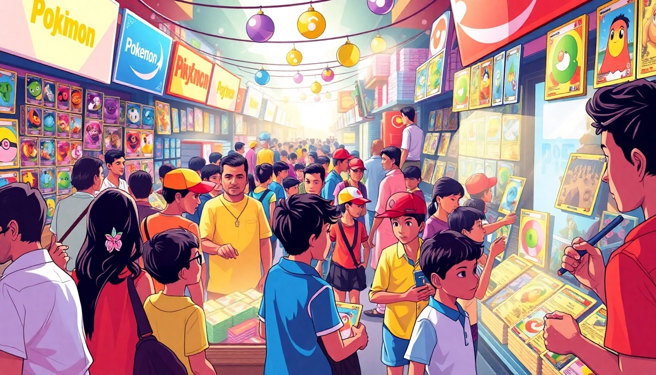 Explore genuine Pokémon cards india in a vibrant marketplace filled with collectors and excited fans.